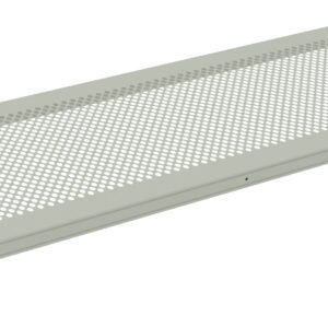 A rectangular metal rack shelf with a perforated surface and four mounting brackets, designed for ventilation. The shelf is light gray and shown from an angled perspective.