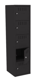 A tall black metal locker with five compartments stacked vertically. The third compartment door is open, revealing an empty space inside. Each door has a ventilation grille and a knob. The locker stands against a plain, white background.