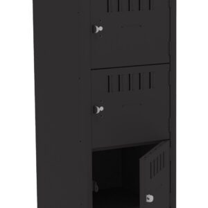 A tall black metal locker with five compartments stacked vertically. The third compartment door is open, revealing an empty space inside. Each door has a ventilation grille and a knob. The locker stands against a plain, white background.