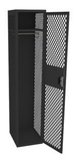 A black metal locker with a lattice-style perforated design. The locker door is open, revealing an interior with a hanging rod. The structure is sturdy and has a built-in lock on the door.
