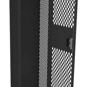 A black metal locker with a lattice-style perforated design. The locker door is open, revealing an interior with a hanging rod. The structure is sturdy and has a built-in lock on the door.