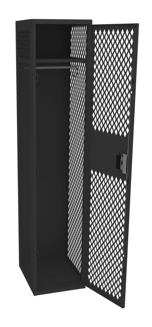 A black metal locker with a lattice-style perforated design. The locker door is open, revealing an interior with a hanging rod. The structure is sturdy and has a built-in lock on the door.