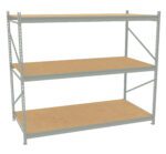 A gray metal storage rack with three wooden shelves, shown from a slight angle. The rack has vertical supports with adjustable holes and horizontal braces for stability. The shelves are evenly spaced, offering ample storage space.