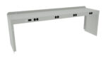 Minimalist white metal bracket with multiple black electrical outlets and a white button. The bracket is rectangular and elongated, designed for mounting purposes.