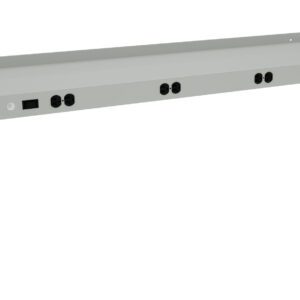 Minimalist white metal bracket with multiple black electrical outlets and a white button. The bracket is rectangular and elongated, designed for mounting purposes.