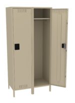 A beige metal locker with two compartments: the right door is open revealing a shelf and a hanging rod inside, while the left door is closed. Both doors have ventilation slots and black handles.
