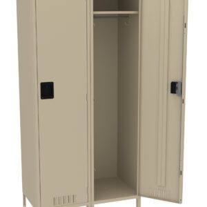 A beige metal locker with two compartments: the right door is open revealing a shelf and a hanging rod inside, while the left door is closed. Both doors have ventilation slots and black handles.