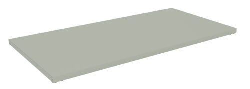 A flat, rectangular, light gray shelf panel with smooth edges and a solid appearance, designed for storage or display purposes.