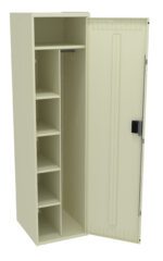 A beige metal storage cabinet with an open door. The interior includes five shelves on the left and an open vertical space with a rod for hanging items on the right. The cabinet has a handle and lock on the door.