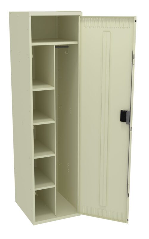 A beige metal storage cabinet with an open door. The interior includes five shelves on the left and an open vertical space with a rod for hanging items on the right. The cabinet has a handle and lock on the door.