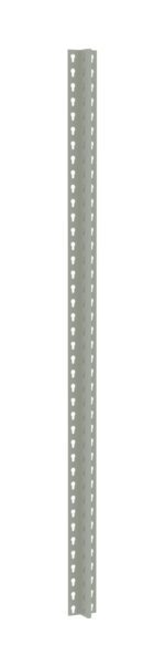 A long, gray metal slotted angle with evenly spaced triangular holes along its length. The angle is vertically positioned against a white background.