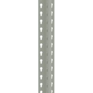 A long, gray metal slotted angle with evenly spaced triangular holes along its length. The angle is vertically positioned against a white background.