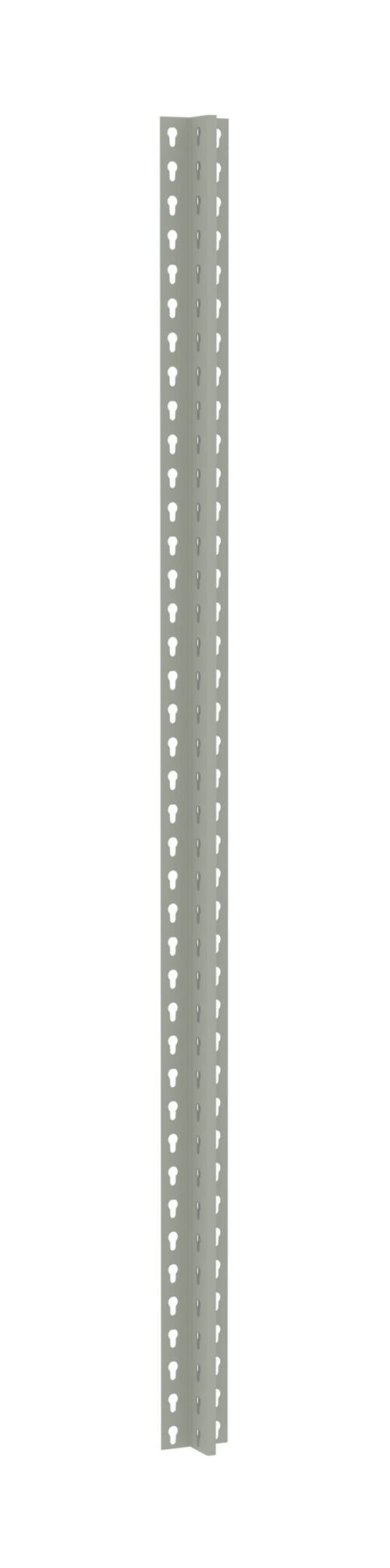 A long, gray metal slotted angle with evenly spaced triangular holes along its length. The angle is vertically positioned against a white background.