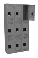 A set of nine gray metal lockers arranged in a 3x3 grid. One locker door is open, revealing an empty compartment. Each locker has a black handle and vented slots for ventilation.