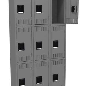 A set of nine gray metal lockers arranged in a 3x3 grid. One locker door is open, revealing an empty compartment. Each locker has a black handle and vented slots for ventilation.
