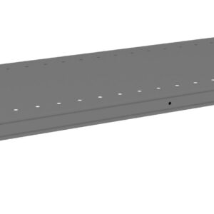 A long, rectangular, gray metal shelf with evenly spaced small holes along the surface and brackets on each end for mounting.