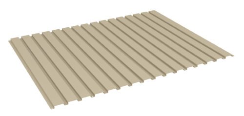 A beige corrugated metal roofing sheet is displayed against a white background. The sheet has evenly spaced ridges running vertically, giving it a wavy texture.
