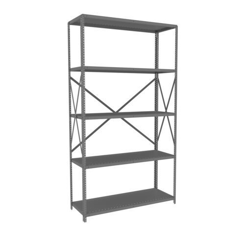 ncacdsszvkquicemwpju.jpg A tall, gray metal shelving unit with five adjustable shelves and cross-bracing for support, standing upright against a plain white background.