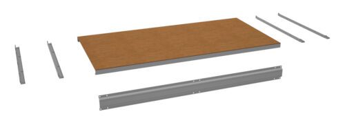 nchms5uoykhizwezclgf.jpg Exploded view of a tabletop assembly. A rectangular brown tabletop is centered, with metal frame components and support beams surrounding it. Two side rails are on the left, and a larger rail is at the bottom of the image.
