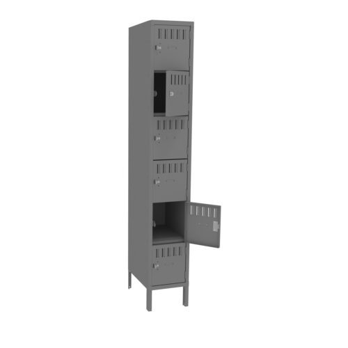 A tall, gray metal locker with six compartments stacked vertically. Two compartment doors are open, revealing empty spaces inside. There are ventilation slots on each door. The locker stands on four short legs.