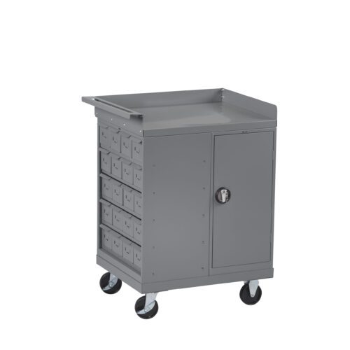 ncocmddyhjyxnwfnzsmo.jpg A gray, wheeled metal cart with multiple small drawers on the left and a lockable cabinet on the right. The top is flat and has raised edges. The cart is designed for storage and organization.