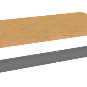 A wooden plank floating above a gray metal bracket, both isolated on a white background. The plank has a light wood grain texture, and the metal bracket features punched holes.
