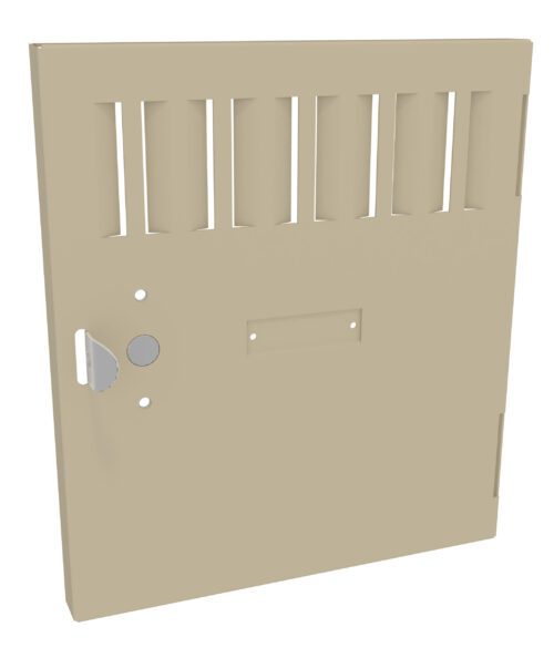 A beige metal vent cover with vertical slats. It features a circular opening with a protruding tab and screw holes for mounting. A rectangular indentation is visible at the center of the cover.