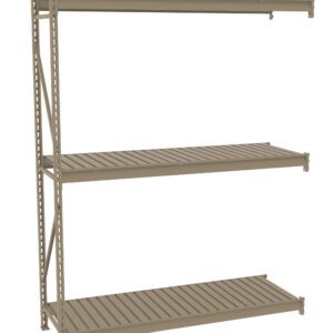 A beige, three-tier metal shelving unit with horizontal slats. The unit is empty and set against a plain white background, showcasing its simple and sturdy design.
