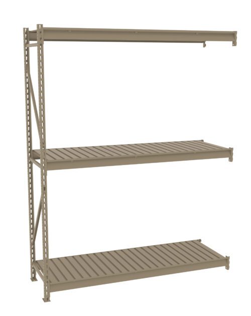A beige, three-tier metal shelving unit with horizontal slats. The unit is empty and set against a plain white background, showcasing its simple and sturdy design.