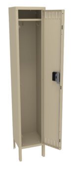 An open beige metal locker with a single door, showcasing an empty interior. The locker has a latch for locking and ventilation slots on the door. It stands on four short legs.