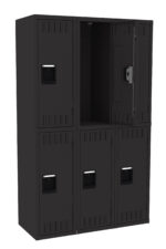 A black metal locker unit with six compartments. One compartment in the top row is open, revealing an empty interior. Each compartment has a vented door with a handle.