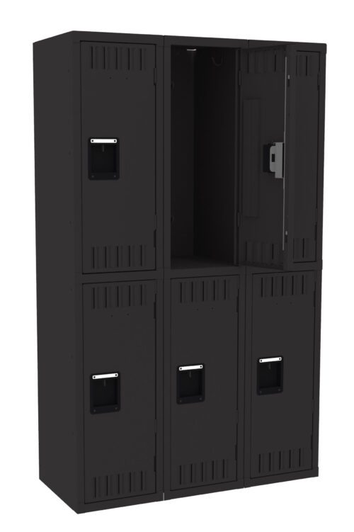 ndtic7yybytpgcfz0h4h.jpg A black metal locker unit with six compartments. One compartment in the top row is open, revealing an empty interior. Each compartment has a vented door with a handle.