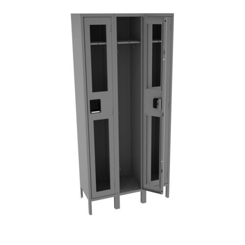 A gray metal locker with two compartments, doors open, revealing a hanging rod and inner shelves. The locker has ventilation slots and rectangular windows on the doors, standing on short legs.