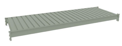 A long, rectangular metal shelf with a ribbed, textured surface and raised edges. The shelf is light gray and appears industrial, suitable for storage in a warehouse or garage setting.