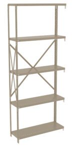 A beige, five-tier metal shelving unit with adjustable shelves and cross braces for support is shown against a white background. The shelves are evenly spaced and have holes for customizable configurations.