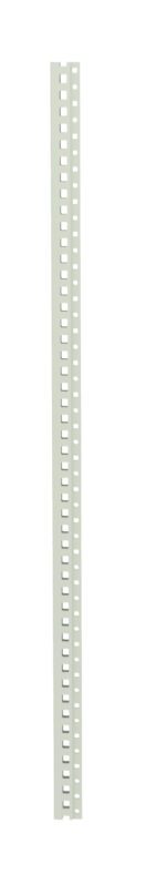A tall, vertical metal rack strip with evenly spaced rectangular holes running down its center. The strip is light gray and is positioned against a plain white background.