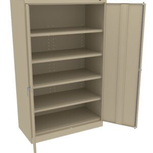 A beige storage cabinet with one open door, revealing five empty shelves inside. The cabinet is metal and has adjustable shelving, suitable for organizing various items.