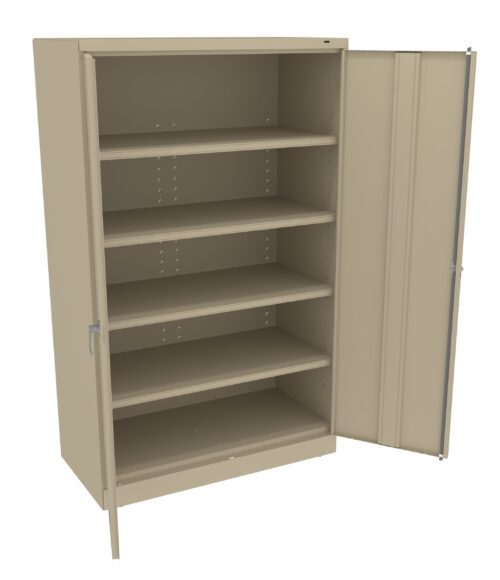 nen877qngfqxaiusqkn8.jpg A beige storage cabinet with one open door, revealing five empty shelves inside. The cabinet is metal and has adjustable shelving, suitable for organizing various items.