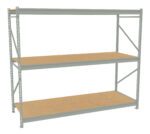 A metal storage rack with two wooden shelves. The frame is light gray with vertical support beams and diagonal braces for stability. The shelves are evenly spaced, providing a flat surface for storage or organization.