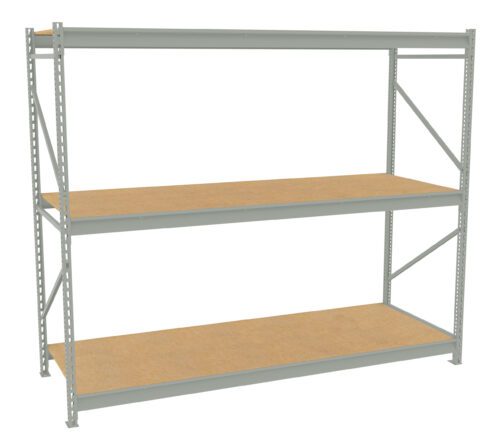A metal storage rack with two wooden shelves. The frame is light gray with vertical support beams and diagonal braces for stability. The shelves are evenly spaced, providing a flat surface for storage or organization.