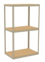 A beige metal storage shelf with three wooden tiers. The structure has perforated metal frames for adjustable shelving. The simple, industrial design is suitable for organizing or storing items in a garage or warehouse setting.