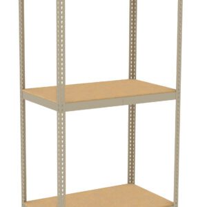 A beige metal storage shelf with three wooden tiers. The structure has perforated metal frames for adjustable shelving. The simple, industrial design is suitable for organizing or storing items in a garage or warehouse setting.