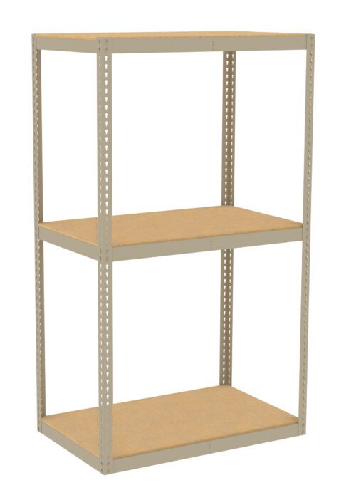 A beige metal storage shelf with three wooden tiers. The structure has perforated metal frames for adjustable shelving. The simple, industrial design is suitable for organizing or storing items in a garage or warehouse setting.