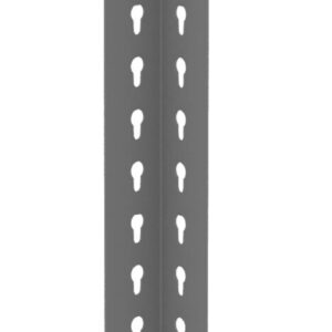 An angled metal bracket with evenly spaced, keyhole-shaped cutouts along its length, against a white background.