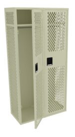 A beige metal locker with a perforated design is open, revealing an empty interior with a single hanger rod. The locker has rectangular handles on each door and is free-standing against a white background.