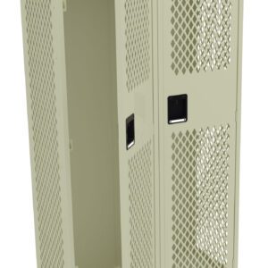 A beige metal locker with a perforated design is open, revealing an empty interior with a single hanger rod. The locker has rectangular handles on each door and is free-standing against a white background.