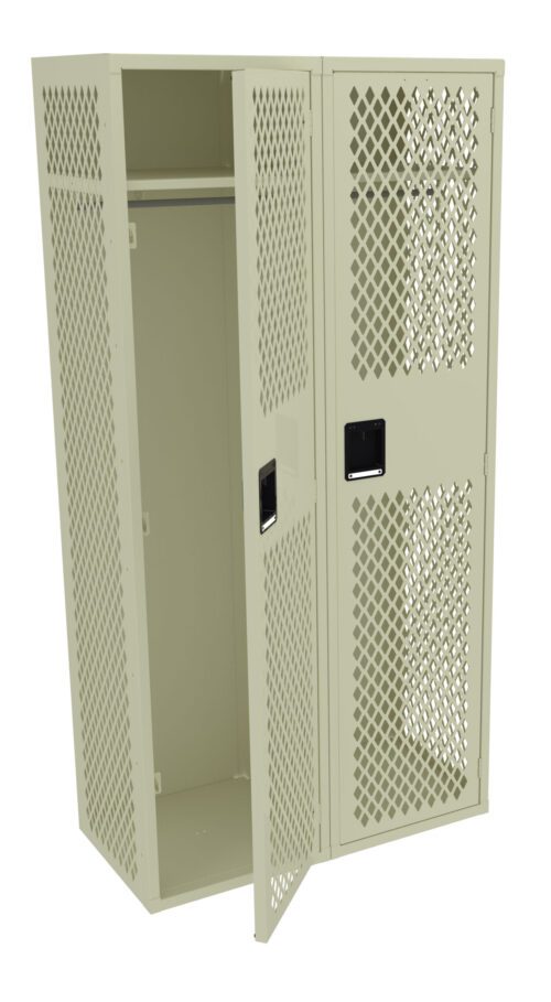 A beige metal locker with a perforated design is open, revealing an empty interior with a single hanger rod. The locker has rectangular handles on each door and is free-standing against a white background.