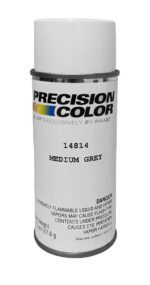 A spray paint can labeled Precision Color with Medium Grey and the number 14814. The can features warnings about the flammable nature of the contents and potential hazards. The net weight is 4.5 oz/127.6 g.
