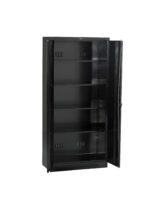 A black metal cabinet with two open doors and five shelves. The interior is empty, displaying the adjustable shelving system. The cabinet has a sleek, matte finish and is placed against a plain white background.