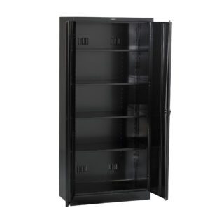 A black metal cabinet with two open doors and five shelves. The interior is empty, displaying the adjustable shelving system. The cabinet has a sleek, matte finish and is placed against a plain white background.